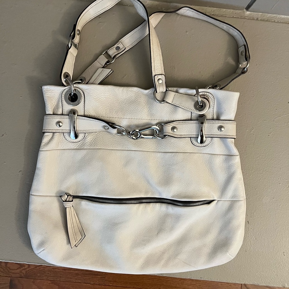 White Leather Shoulder Tote with Silver Hardware